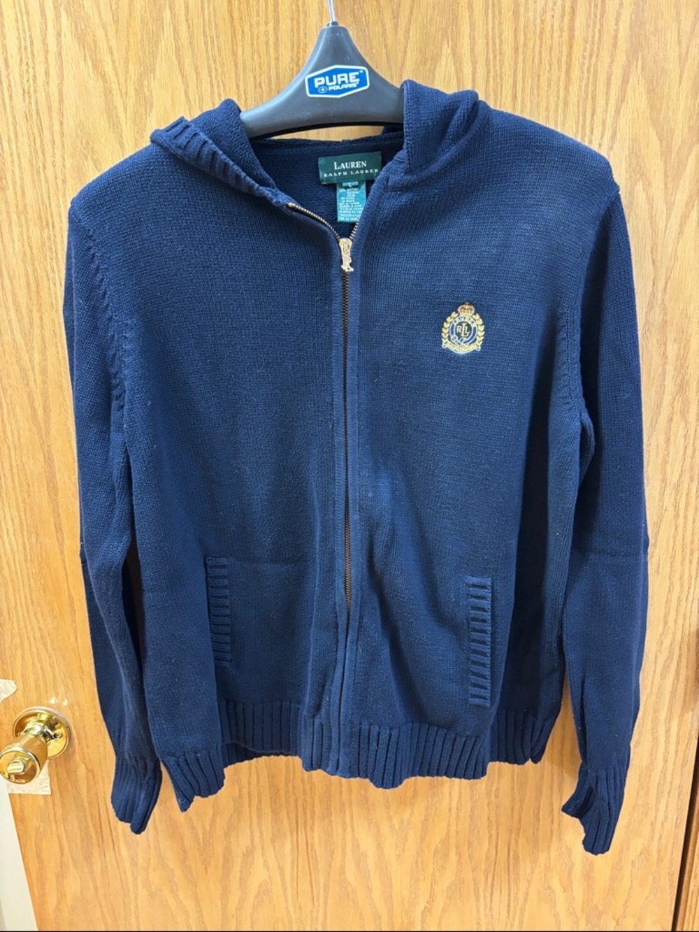Lauren Ralph Lauren Navy Hooded Zip Cardigan with Embroidered Crest
